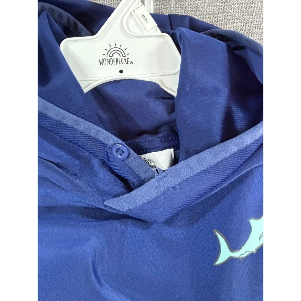 WONDERLUXE Rash Guard Hoodie and Swim Trunks Set Shark Navy Blue UPF 50+ Boys 4T